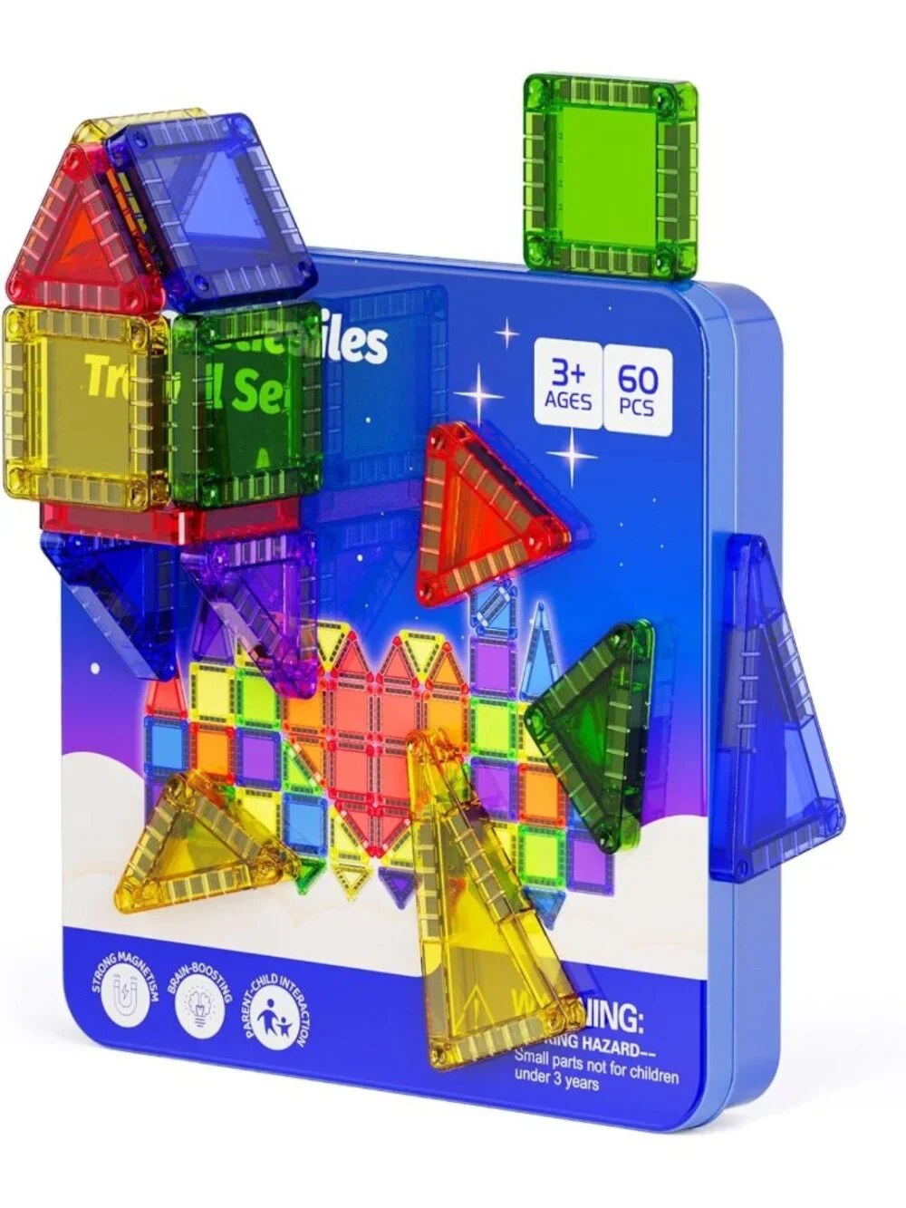 60pcs Mini Magnetic Building Tiles Travel Kit for Kids 3-8, STEM Sensory Toys